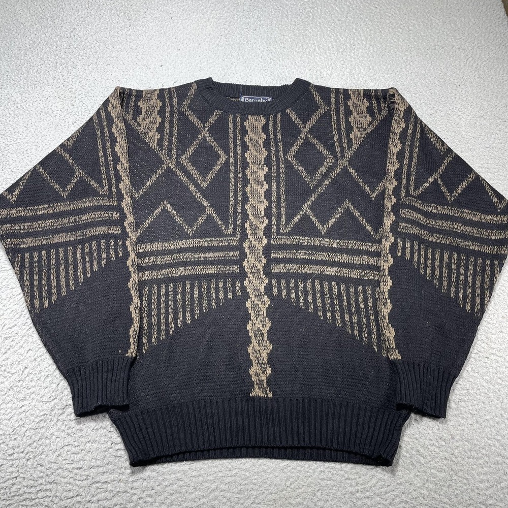 Vintage Barnaby Sweater Mens XLT Black Geometric‎ Knit Crewneck Pullover 80s